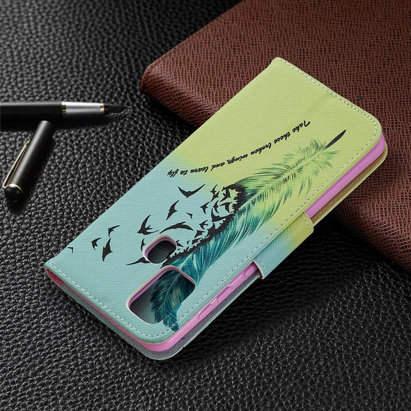 Samsung Galaxy A21s Colored Drawing Pattern Horizontal Flip Leather Case with Holder & Card Slots & Wallet(Feather)