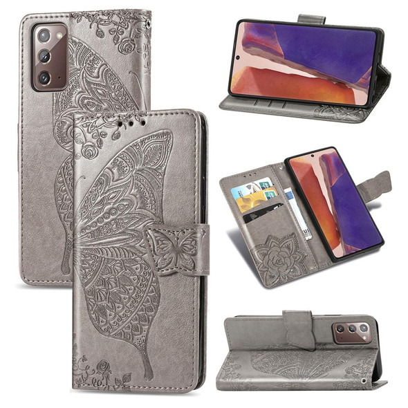 Samsung Galaxy Note 20 Ultra Butterfly Love Flower Embossed Horizontal Flip Leather Case with Bracket / Card Slot / Wallet / Lanyard(Grey)
