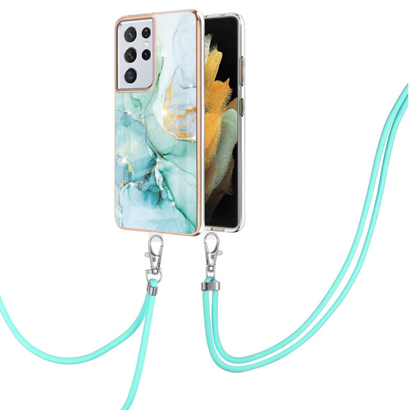 Samsung Galaxy S21 Ultra 5G Electroplating Marble Pattern IMD TPU Shockproof Case with Neck Lanyard(Green 003)