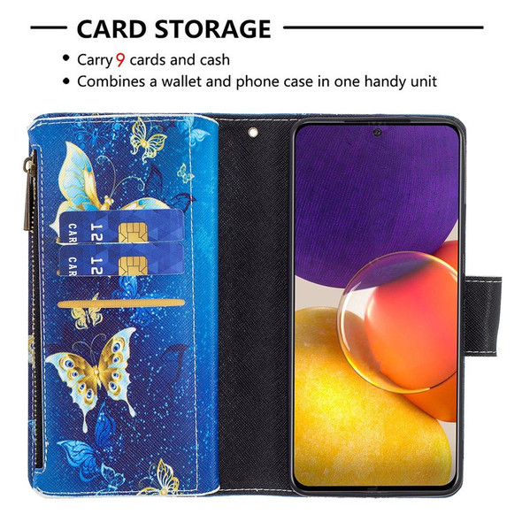 Samsung Galaxy A82 5G Colored Drawing Pattern Zipper Horizontal Flip Leather Case with Holder & Card Slots & Wallet(Gold Butterfly)