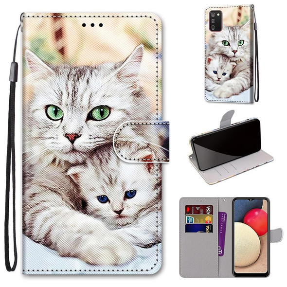 Samsung Galaxy A02s / M02s Coloured Drawing Cross Texture Horizontal Flip PU Leather Case with Holder & Card Slots & Wallet & Lanyard(Big Cat Holding Kitten)