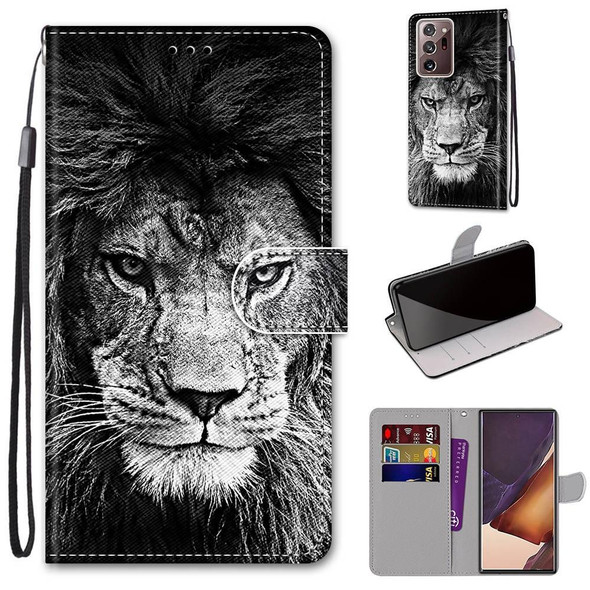 Samsung Galaxy Note20 Ultra Coloured Drawing Cross Texture Horizontal Flip PU Leather Case with Holder & Card Slots & Wallet & Lanyard(Black and White Lion Head)