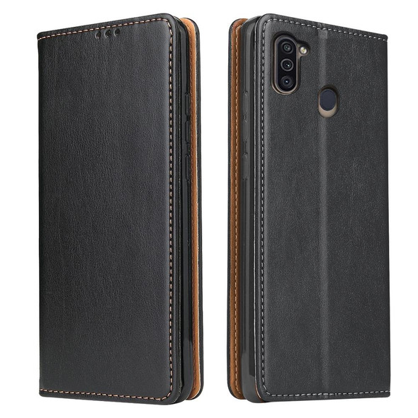 Samsung Galaxy M11 Fierre Shann PU Genuine Leather Texture Horizontal Flip Leather Case with Holder & Card Slots & Wallet(Black)