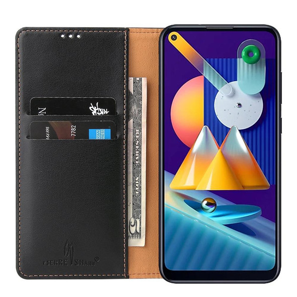 Samsung Galaxy M11 Fierre Shann PU Genuine Leather Texture Horizontal Flip Leather Case with Holder & Card Slots & Wallet(Black)