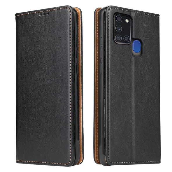 Samsung Galaxy A21s Fierre Shann PU Genuine Leather Texture Horizontal Flip Leather Case with Holder & Card Slots & Wallet(Black)