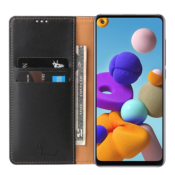 Samsung Galaxy A21s Fierre Shann PU Genuine Leather Texture Horizontal Flip Leather Case with Holder & Card Slots & Wallet(Black)