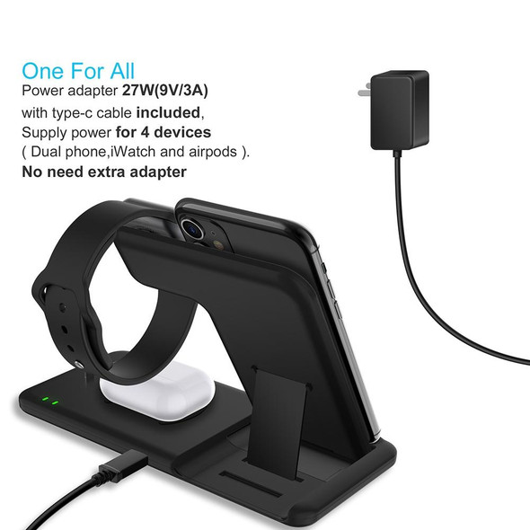 Q20 4 In 1 Wireless Charger Charging Holder Stand Station with Adapter - iPhone / Apple Watch / AirPods, Support Dual Phones Charging (White)