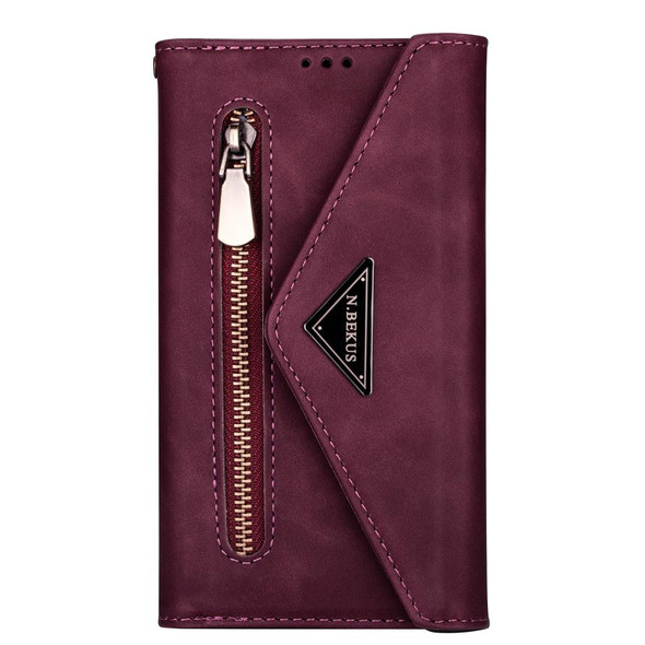 Samsung Galaxy J7 (2017) / J730 EU Version Skin Feel Zipper Horizontal Flip Leather Case with Holder & Card Slots & Photo Frame & Lanyard & Long Rope(Wine Red)