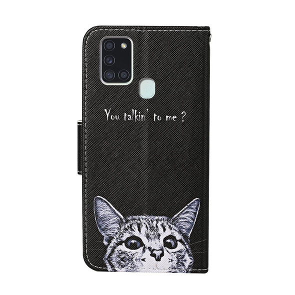 Samsung Galaxy A21s Colored Drawing Pattern Horizontal Flip Leather Case with Holder & Card Slots & Wallet(Cat)