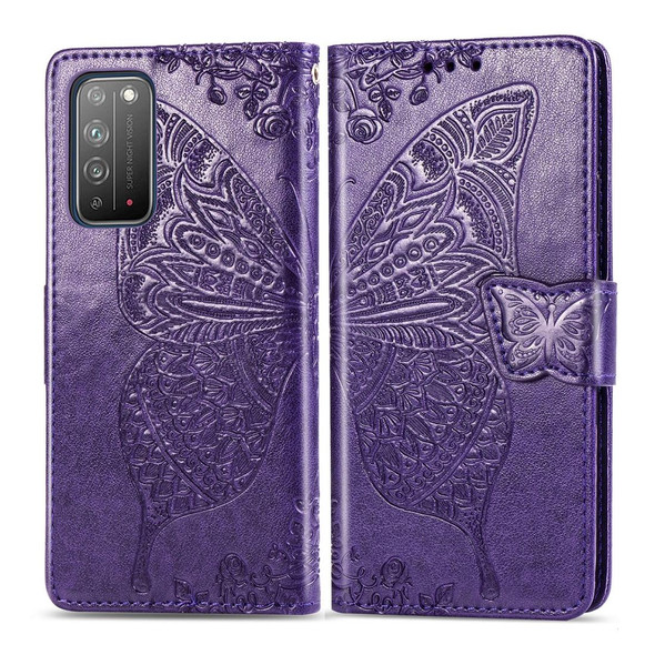 Huawei Honor X10 Butterfly Love Flower Embossed Horizontal Flip Leather Case with Bracket / Card Slot / Wallet / Lanyard(Dark Purple)