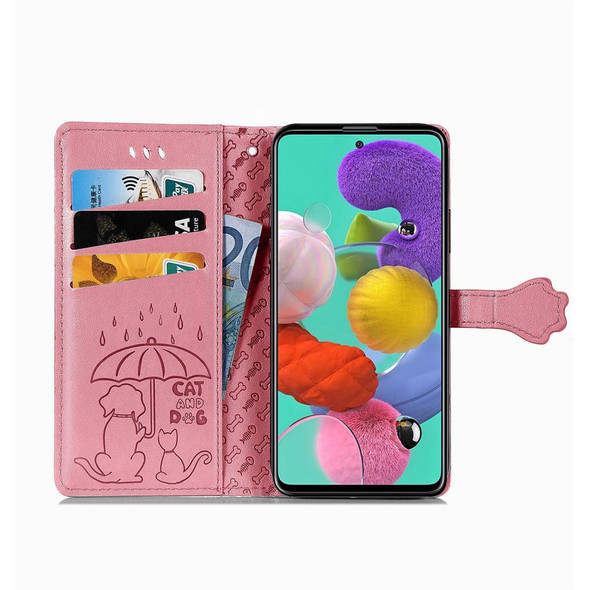 Galaxy A51 5G Cute Cat and Dog Embossed Horizontal Flip Leather Case with Bracket / Card Slot / Wallet / Lanyard(Pink)