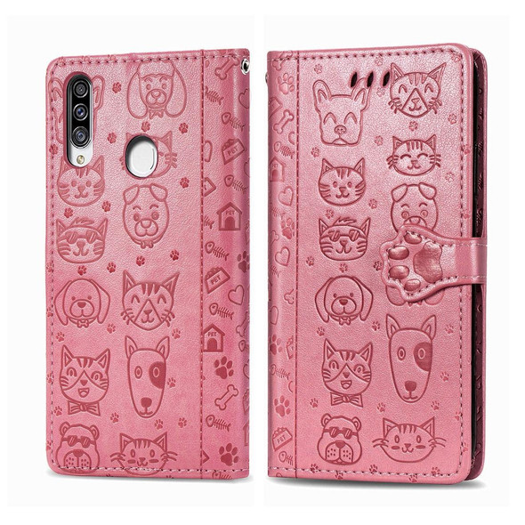 Galaxy A20S Cute Cat and Dog Embossed Horizontal Flip Leather Case with Bracket / Card Slot / Wallet / Lanyard(Pink)