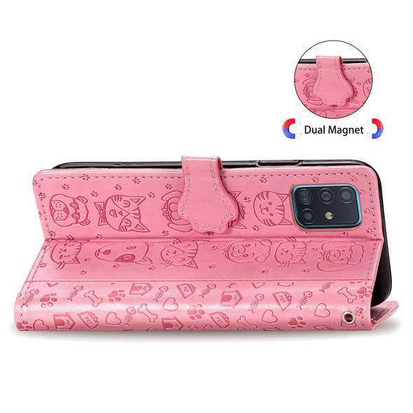 Galaxy A51 Cute Cat and Dog Embossed Horizontal Flip Leather Case with Bracket / Card Slot / Wallet / Lanyard(Pink)