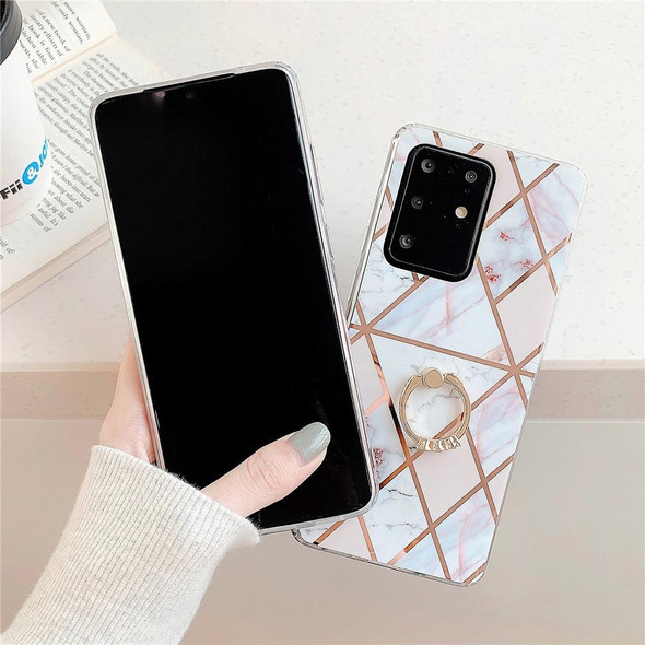 Galaxy S20 Plus Plating Colorful Geometric Pattern Mosaic Marble TPU Mobile Phone Case Rhinestone Stand Ring(Black PR6)