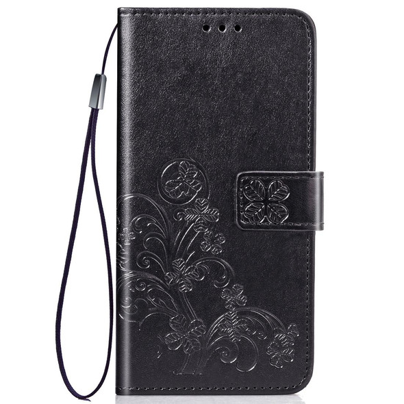 Galaxy A01 Lucky Clover Pressed Flowers Pattern Leather Case with Holder & Card Slots & Wallet & Hand Strap(Black)