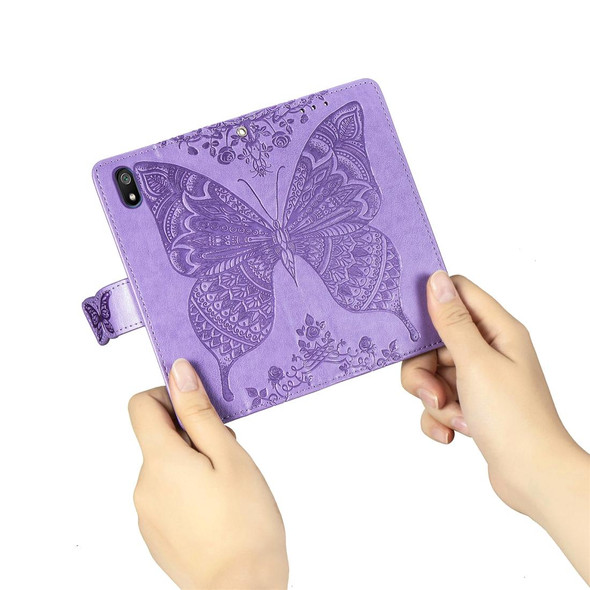 Butterfly Love Flowers Embossing Horizontal Flip Leatherette Case - Xiaomi Redmi 7A with Holder & Card Slots & Wallet & Lanyard(Lighe purple)