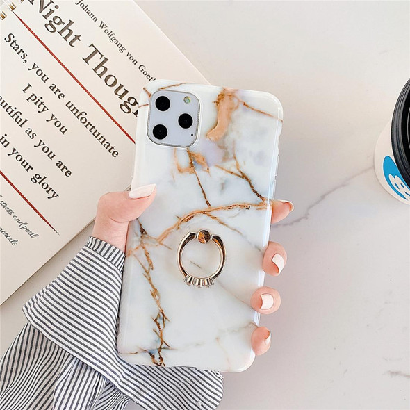 iPhone 11 Pro TPU Smooth Marble with Ring Metal Rhinestone Bracket Mobile Phone Protective Case(Snowflake Gold Q10)