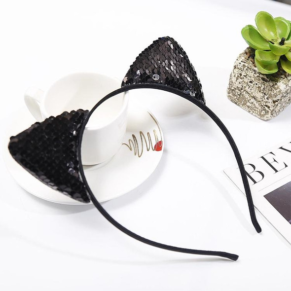 Glitter Flip Sequins Cat Ear Girl Hairband Headband Hair Hoop(Black)