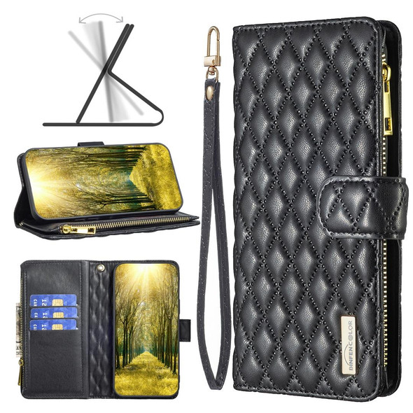 Diamond Lattice Zipper Wallet Leatherette Flip Phone Case - iPhone 12 / 12 Pro(Black)