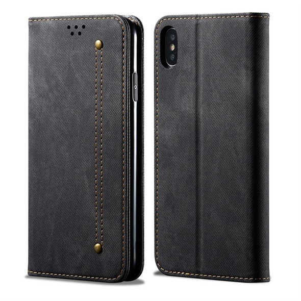 iPhone X / XS Denim Texture Casual Style Horizontal Flip Leather Case with Holder & Card Slots & Wallet(Black)