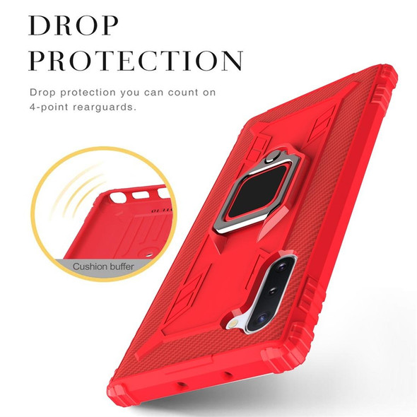 Galaxy Note 10 Carbon Fiber Protective Case with 360 Degree Rotating Ring Holder(Red)