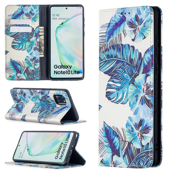 Samsung Galaxy A81 Colored Drawing Pattern Invisible Magnetic Horizontal Flip PU Leather Case with Holder & Card Slots & Wallet(Blue Leaf)