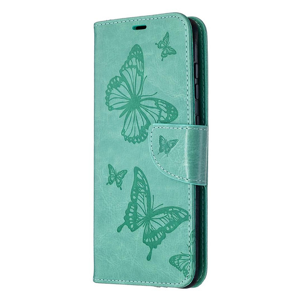 Samsung Galaxy A21s Embossing Two Butterflies Pattern Horizontal Flip PU Leather Case with Holder & Card Slot & Wallet & Lanyard(Green)