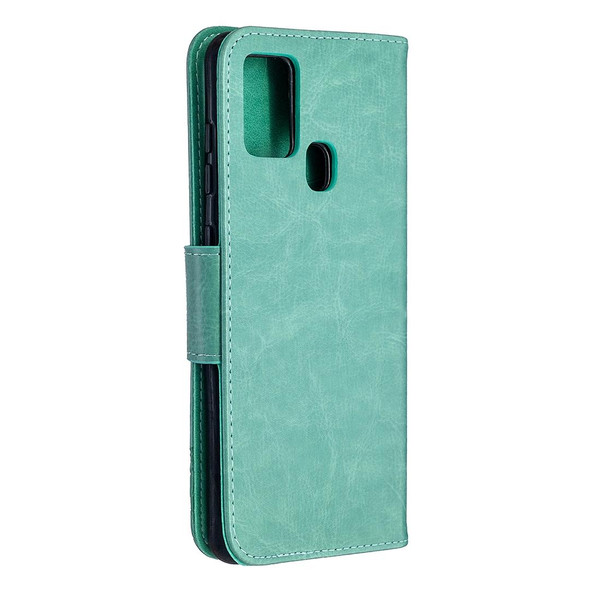 Samsung Galaxy A21s Embossing Two Butterflies Pattern Horizontal Flip PU Leather Case with Holder & Card Slot & Wallet & Lanyard(Green)