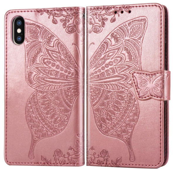 Butterfly Love Flowers Embossing Horizontal Flip Leatherette Case for iPhone XS Max, with Holder & Card Slots & Wallet & Lanyard (Rose Gold)