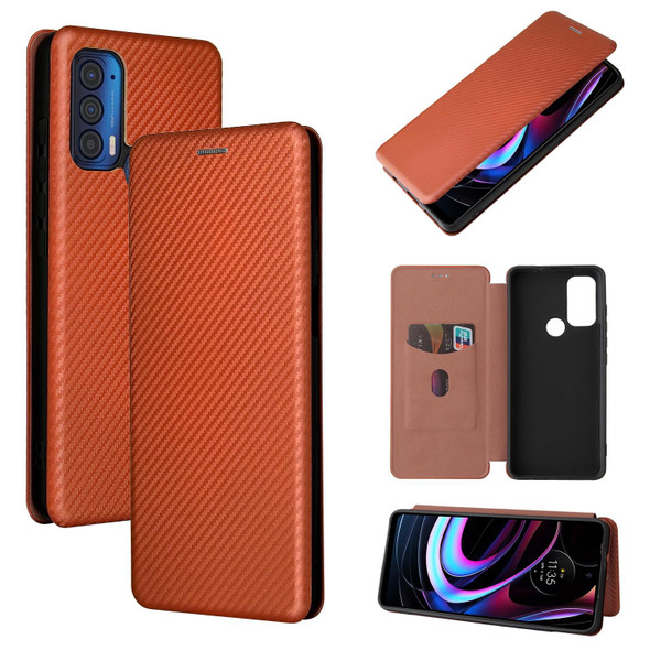 Motorola Edge (2021) Carbon Fiber Texture Magnetic Horizontal Flip TPU + PC + PU Leather Case with Card Slot(Brown)