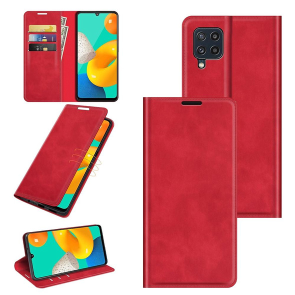 Samsung Galaxy M32 Retro-skin Business Magnetic Suction Leather Case with Holder & Card Slots & Wallet(Red)