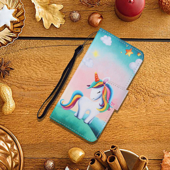 Samsung Galaxy A21s Colored Drawing Pattern Horizontal Flip Leather Case with Holder & Card Slots & Wallet & Lanyard(Rainbow Unicorn)