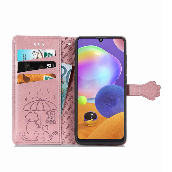 Galaxy A31 Cute Cat and Dog Embossed Horizontal Flip Leather Case with Bracket / Card Slot / Wallet / Lanyard(Rose Gold)