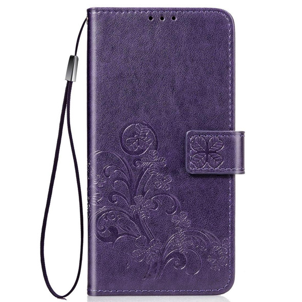 Galaxy A91 Four-leaf Clasp Embossed Buckle Mobile Phone Protection Leather Case with Lanyard & Card Slot & Wallet & Bracket Function(Purple)