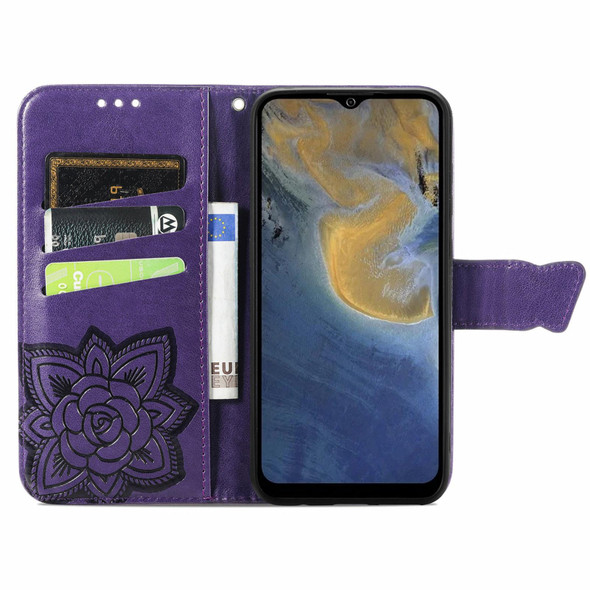 Butterfly Love Flowers Embossed Horizontal Flip Leatherette Case with Holder & Card Slots & Wallet & Lanyard - ZTE Blade A51(Dark Purple)