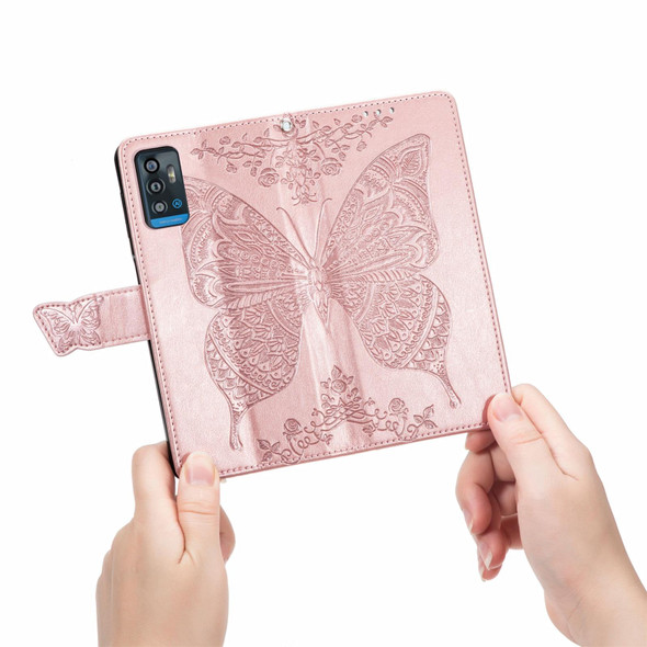 Butterfly Love Flowers Embossed Horizontal Flip Leatherette Case with Holder & Card Slots & Wallet & Lanyard - ZTE Blade A71(Rose Gold)