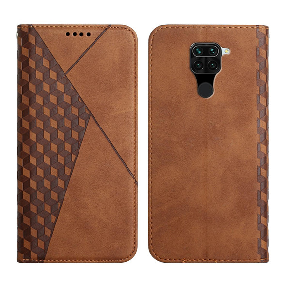 Xiaomi Redmi Note 9 Diamond Pattern Splicing Skin Feel Magnetic Horizontal Flip Leather Case with Card Slots & Holder & Wallet(Brown)