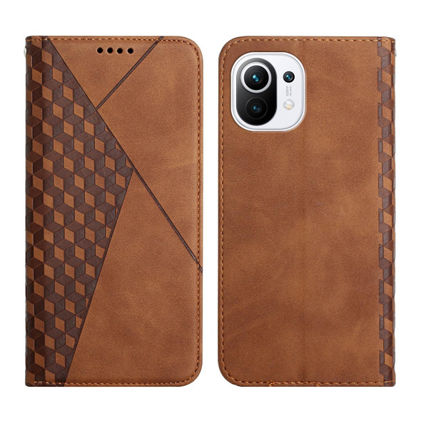 Xiaomi Mi 11 Diamond Pattern Splicing Skin Feel Magnetic Horizontal Flip Leather Case with Card Slots & Holder & Wallet(Brown)