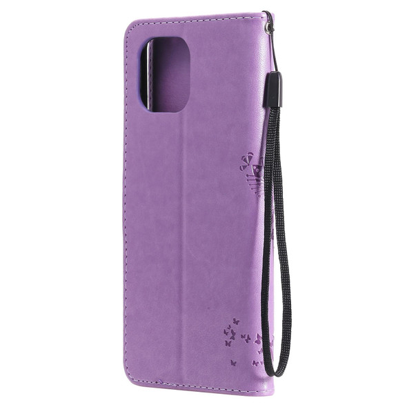 Xiaomi Mi 11 Lite 5G Tree & Cat Pattern Pressed Printing Horizontal Flip PU Leather Case with Holder & Card Slots & Wallet & Lanyard(Light Purple)