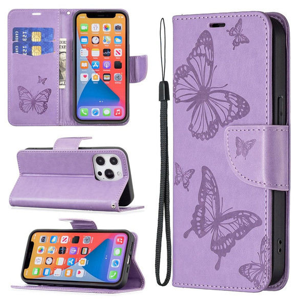 Embossing Two Butterflies Pattern Horizontal Flip PU Leatherette Case with Holder & Card Slot & Wallet & Lanyard - iPhone 13(Purple)