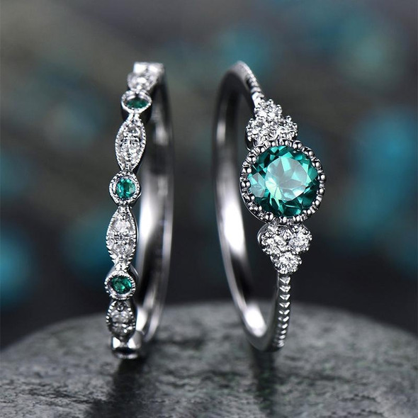 2 PCS/Set Women Fashion Zircon Gemstone Ring 5(Green)