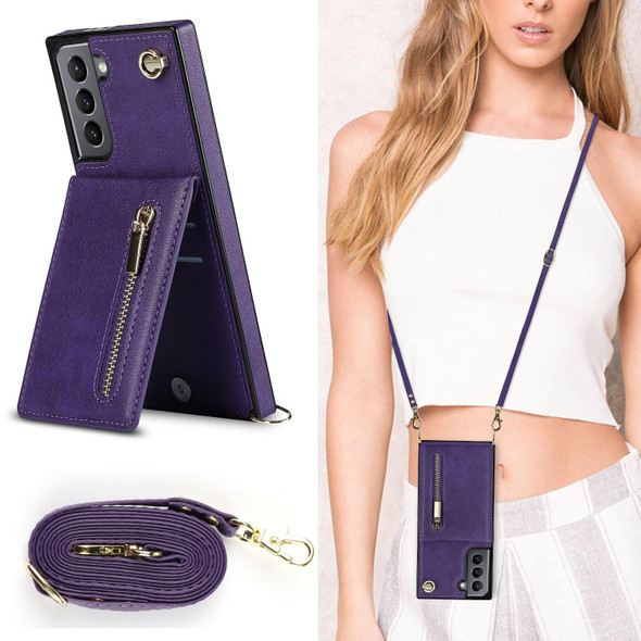 Samsung Galaxy S21 5G Cross-body Zipper Square TPU+PU Back Cover Case with Holder & Card Slots & Wallet & Strap(Purple)