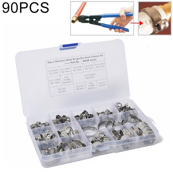 90 PCS Adjustable Single Ear Plus Stainless Steel Hydraulic Hose Clamps O-Clips Pipe Fuel Air, Inside Diameter Range: 5.3-22.6mm