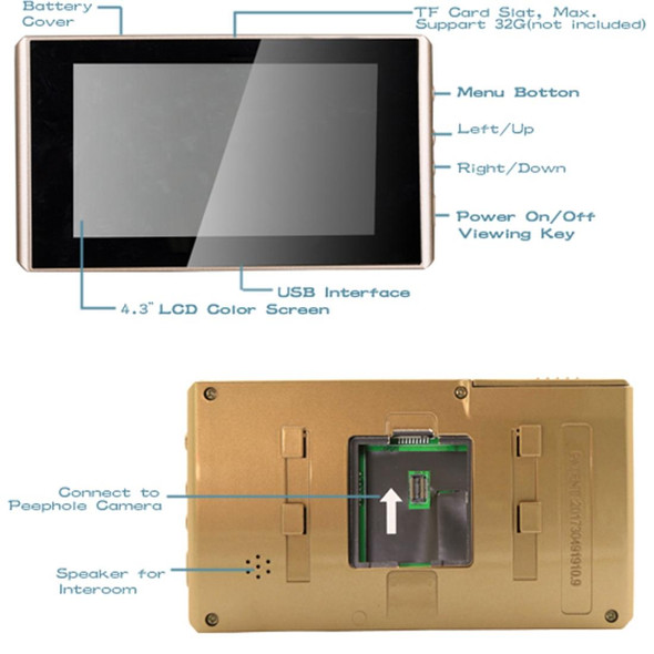 4.3 inch LCD Color Screen Digital Doorbell Door Eye Doorbell Electronic Peephole Door Camera Viewer(Gold)