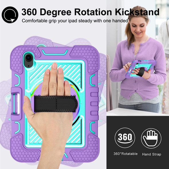 360 Degree Rotation Contrast Color Shockproof Silicone + PC Tablet Case with Holder & Hand Grip Strap & Shoulder Strap - iPad mini 6(Purple+Mint Green)