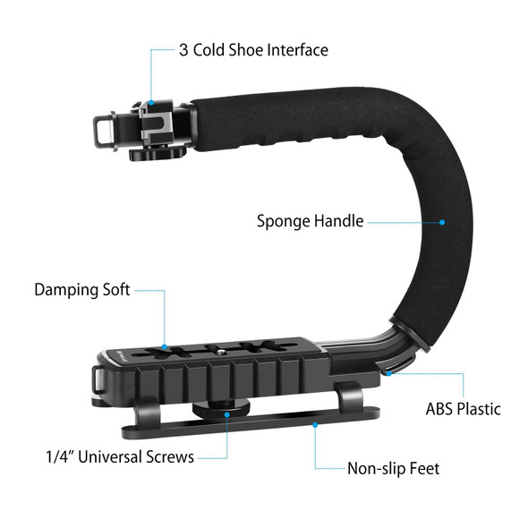 PULUZ U/C Shape Portable Handheld DV Bracket Stabilizer + LED Studio Light Kit with Cold Shoe Tripod Head  for All SLR Cameras and Home DV Camera