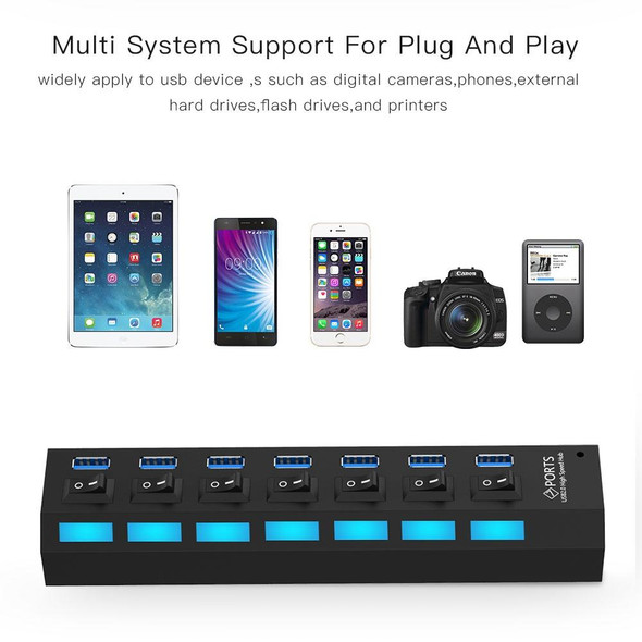 7 Ports USB 3.0 HUB, Super Speed 5Gbps, Plug and Play, Support 1TB(Black)