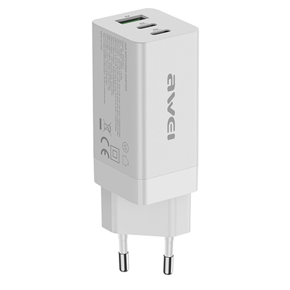 awei PD9 65W Dual Type-C / USB-C + USB GaN Fast Charging Travel Charger, EU Plug(White)