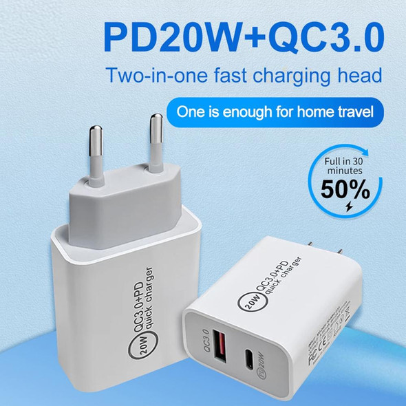 TCS-20WACA 20W PD Type-C + QC 3.0 USB Interface Fast Charging Travel Charger with USB-C / Type-C to Type-C Fast Charge Data Cable AU Plug