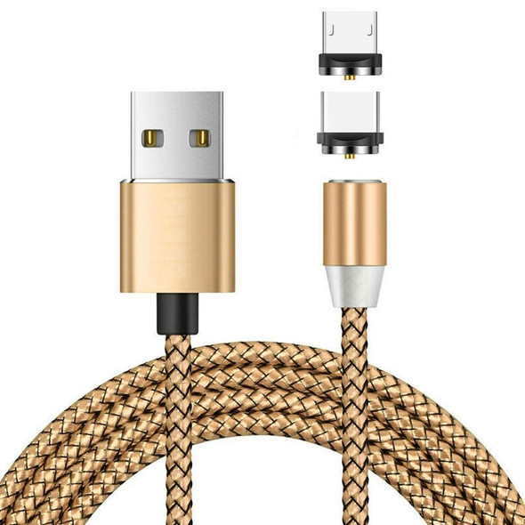 2 in 1 USB to Micro USB + USB-C / Type-C Magnetic Metal Connector Nylon Two-color Braided Magnetic Data Cable, Cable Length: 1m(Gold)